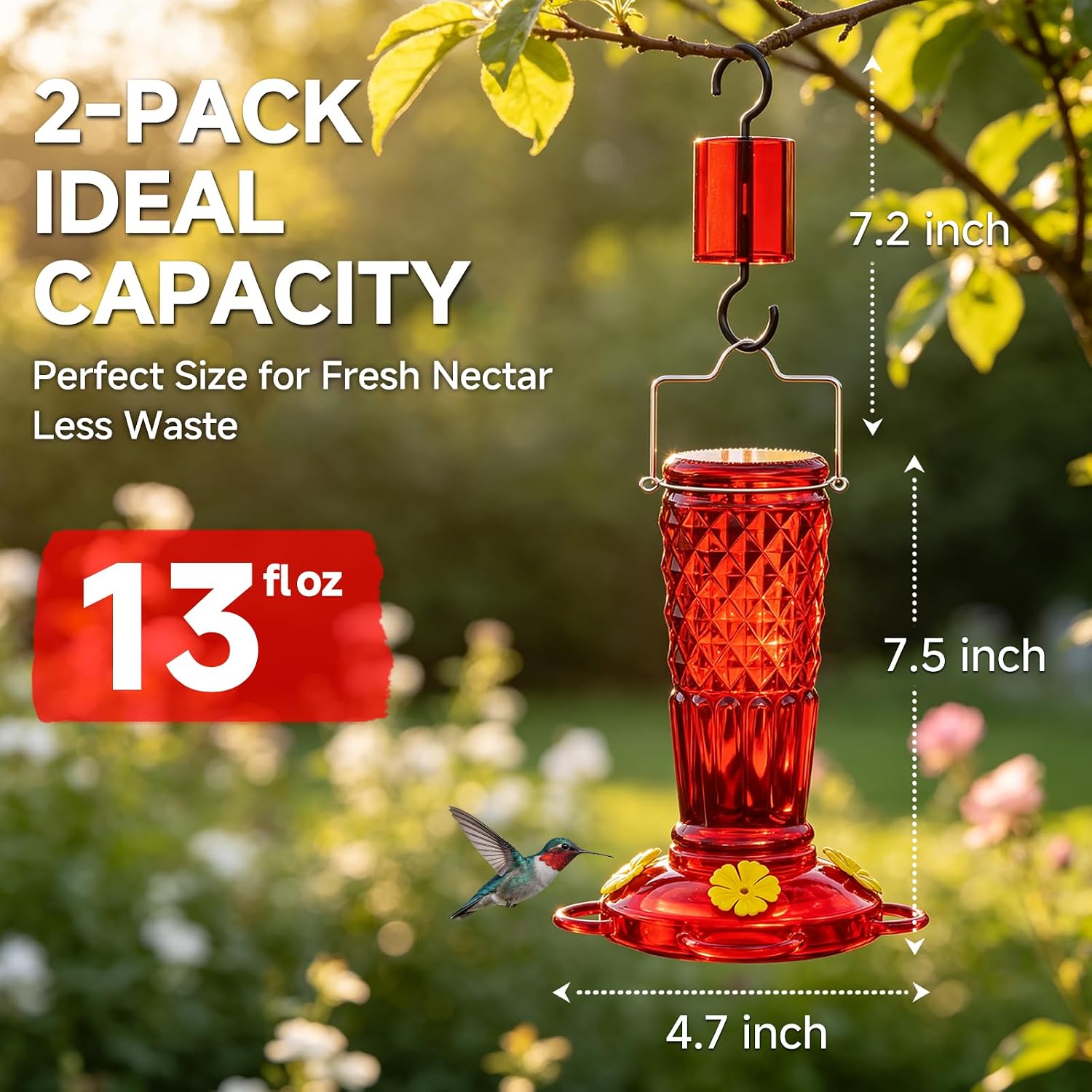 Glass Hummingbird Feeders for Outdoors 2 Pack 13 OZ Hand Blown