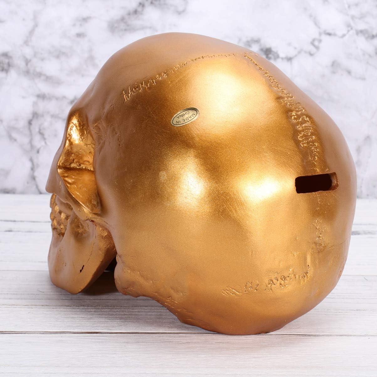 ULTNICE Simulation Skeleton Skull Piggy Bank, Resin Saving Photography Props Art Ornaments for Living Room Home Decor 1pc (Golden)