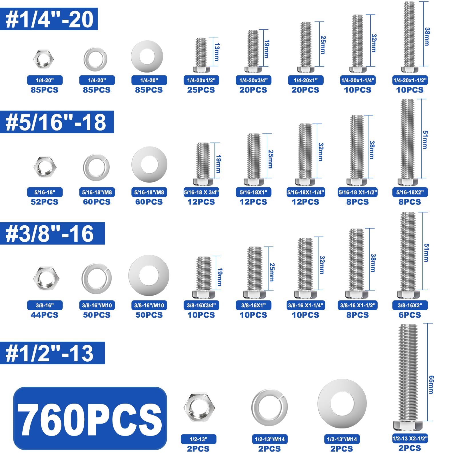 Taiss 760PCS 304 Stainless Steel Hex Bolts Kit,1/4-20 5/16-18 3/8-16 1/2-13 — Amazon image 2