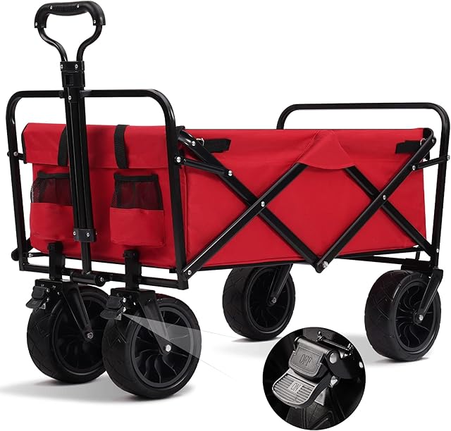 FEAHRZEUG Collapsible Beach Trolley Cart with Brake Heavy Duty Beach Wagon with Brakes 105L Large Capacity Garden Trolley Cart Camping Picnic Outdoor