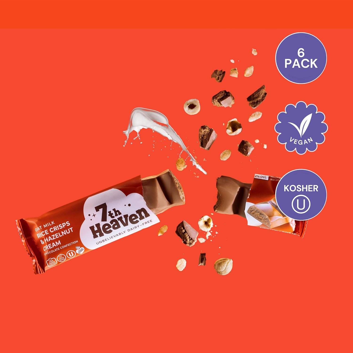 7th Heaven, Vegan Oat Milk Chocolate Snack Bars: Rice Crisps and Hazelnut Cream - (1.6 oz - 6 Pack), Healthy Chocolate, Perfect Valentines Gift For Your Loved Ones, 100% Dairy Free, Non GMO, Kosher Parve, Cruelty Free, Fair Trade Cocoa