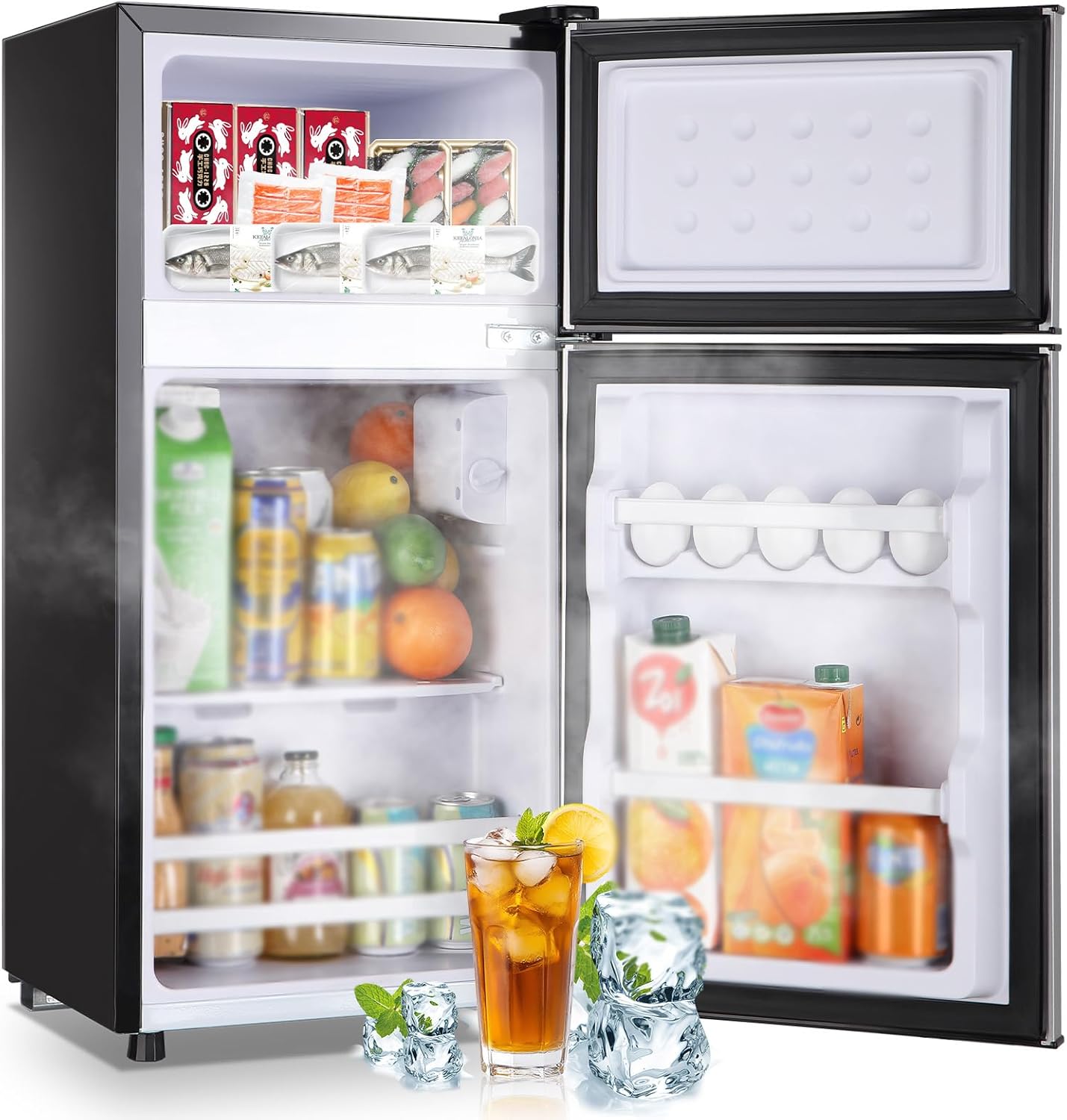 2.4 Cu.ft Mini Fridge with Double Doors Silver Small Refrigerator with Separate Freezer & 7 Adjustable Temperature Control, Tiny Size & Personal Fridge Ideal for Office Apartment Dorm