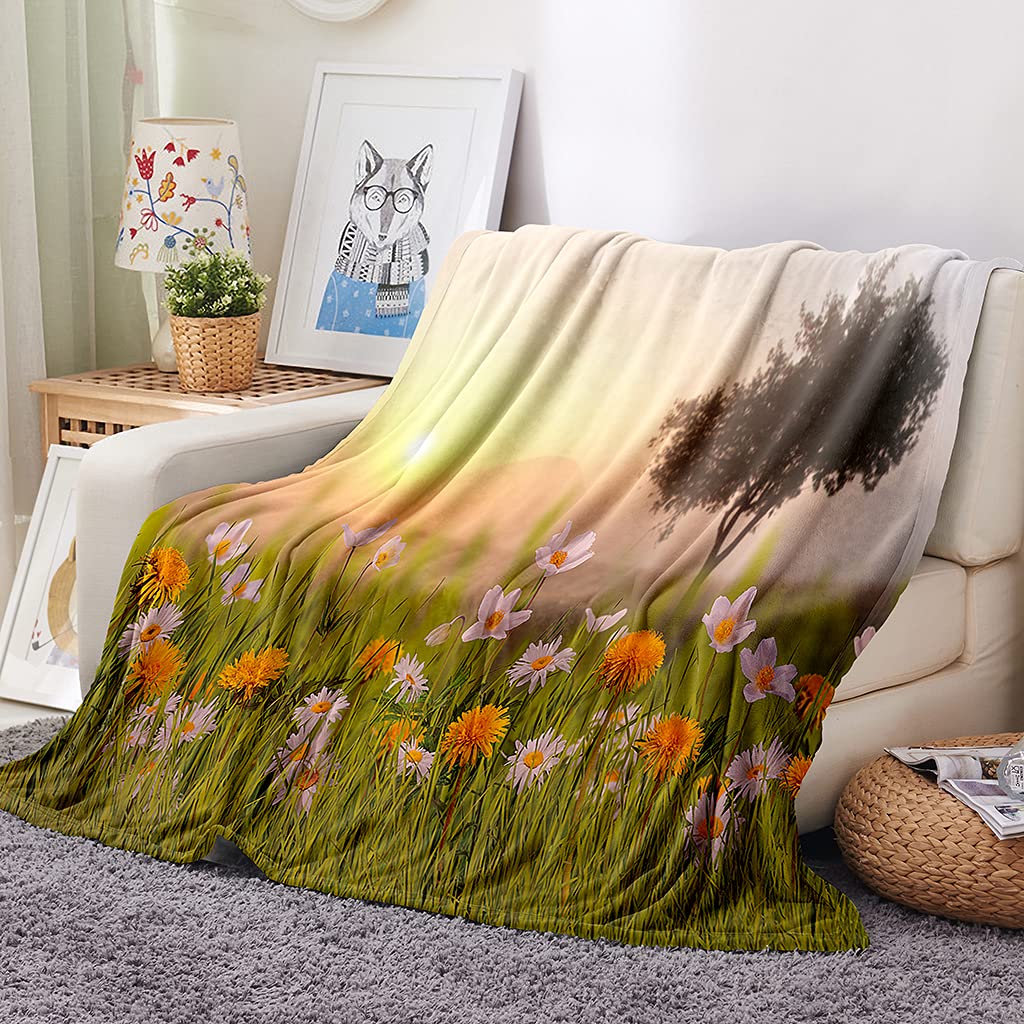 Coperta Morbida Pelosa Di Flanella 3D Paesaggio Di Fiori Bianchi Stampata Motivo Coperta Pile Matrimoniale In Microfibra 180X220Cm Coperte Lana Inverno Super Morbida Calda Per Divano E Letto