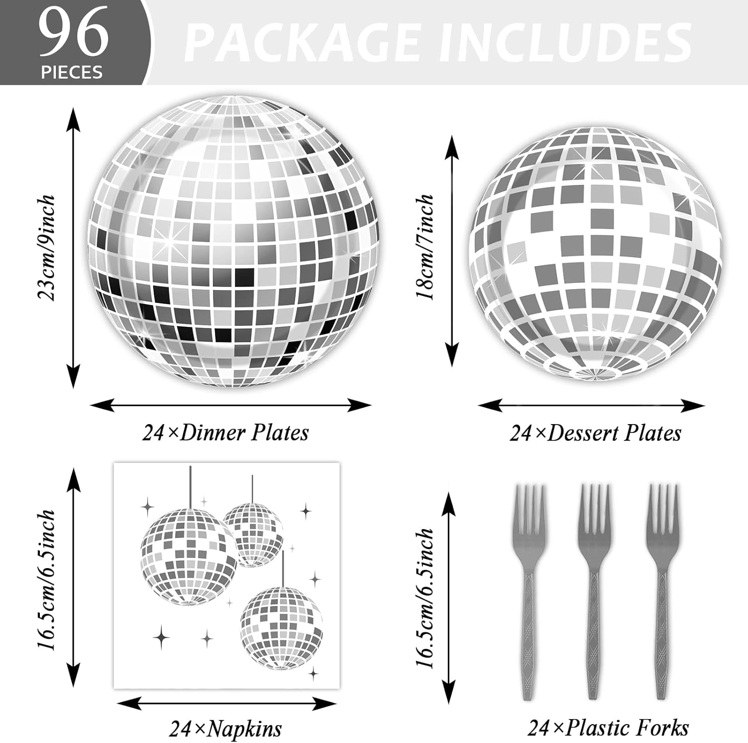 96 Pieces Disco Party Plates Disco Ball Theme Party Decorations Silver Cake Paper Plates and Napkins Hip Hop Disposable Dessert Tableware Set Baby Shower Birthday Supplies 24 Guests - Image 3