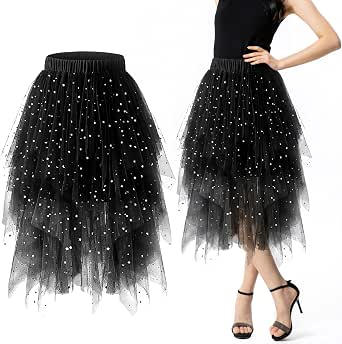 Damen Tüllrock Glitzer Midi, Unregelmäßiger Tutu Rock, Puffy Fee Röcke, Tüll Röcke Damen Lang Hohe Taille, für Abschlussball Halloween Karneval Party One Size