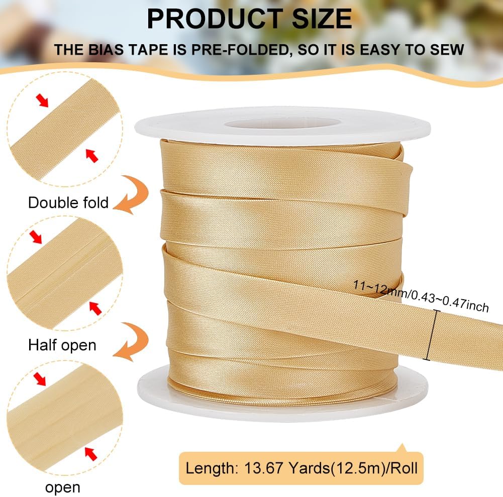 BENECREAT 13.6 Yard Satin Bias Tape 0.47inch Double Fold Satin Binding Bias Ribbon for Cheongsam Decoration, Clothing Seaming Piping, Light Khaki
