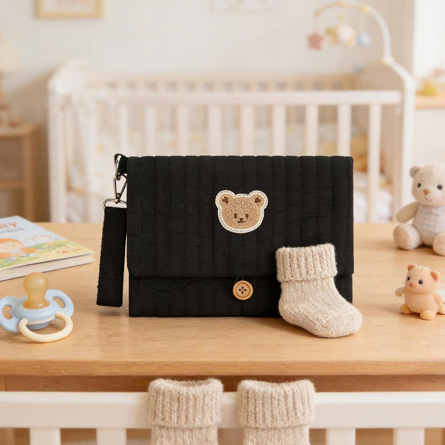Wipe And Diaper Pouch,Cute Bear Embroidery Foldable Purse,with Stroller Strap Compartment Diaper Bag Organizers - for Boy