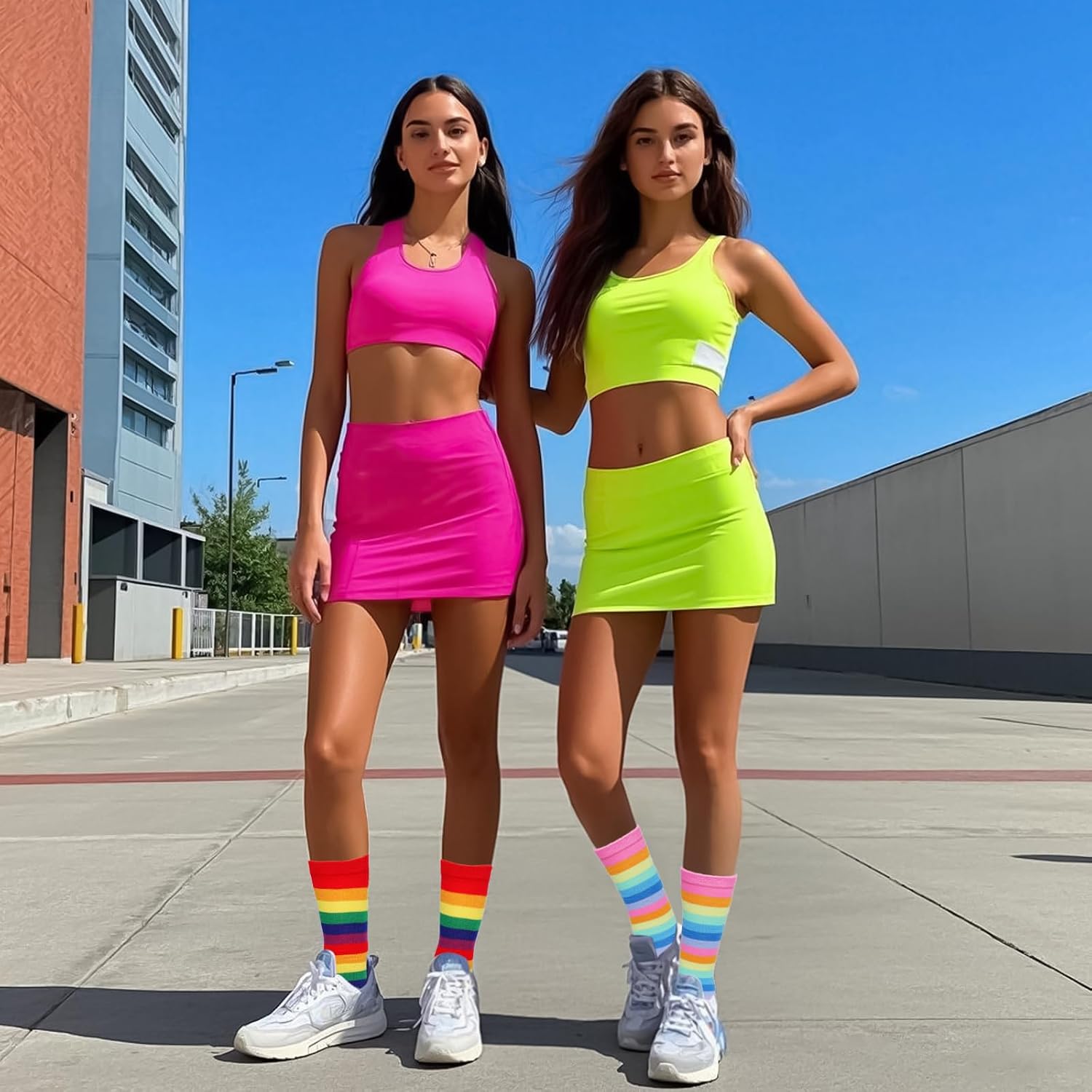 4 Pairs Rainbow Striped Knee Calf Socks Colorful Striped Long Tube Stockings Knee Calf High Socks for Women Girls