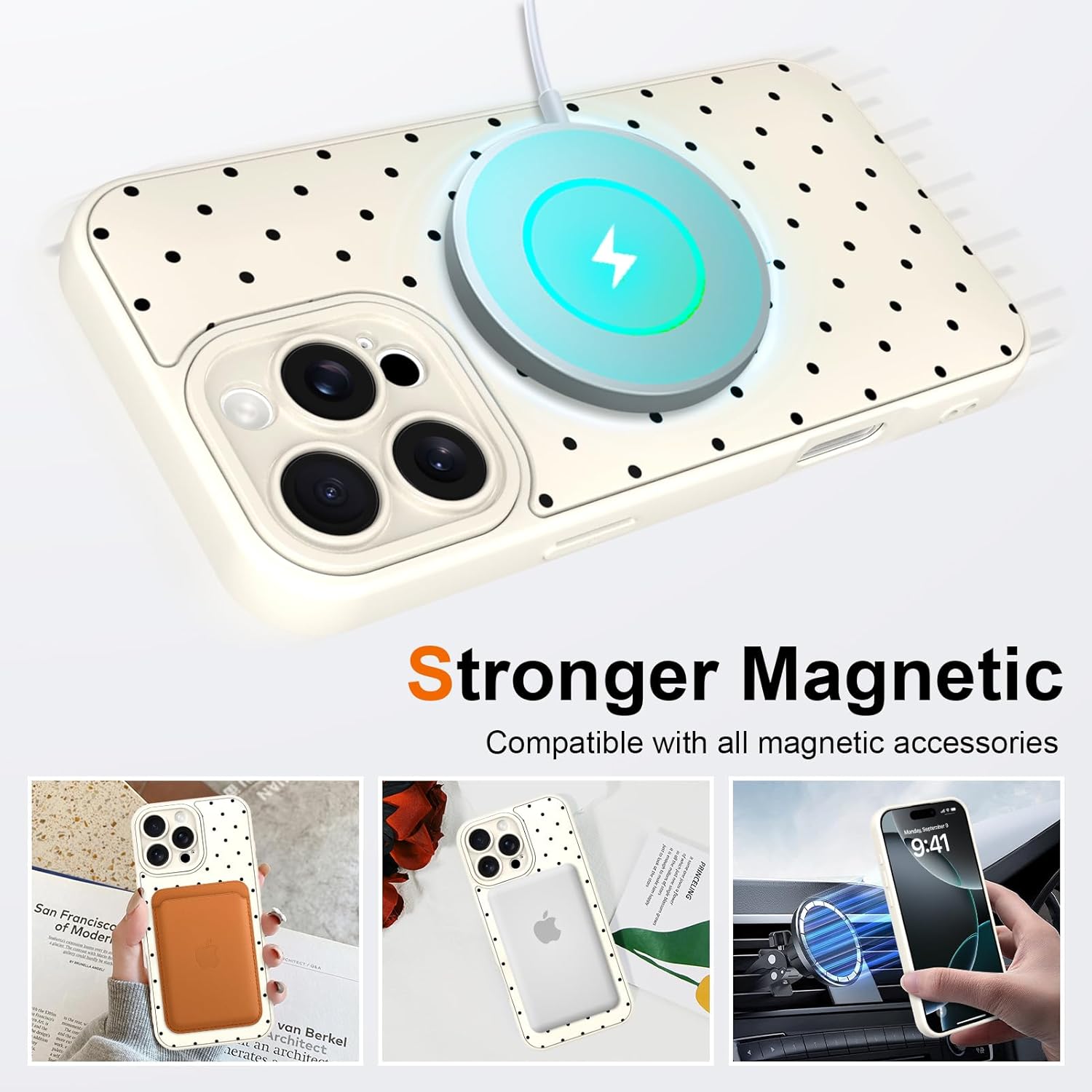 KANGHAR for iPhone 16 Pro Case, Cute Polka Dot Phone Cover with Kickstand & Adjustable Finger Strap, Full Camera Protection, Shockproof Protective Magnetic Cover - White - Image 4