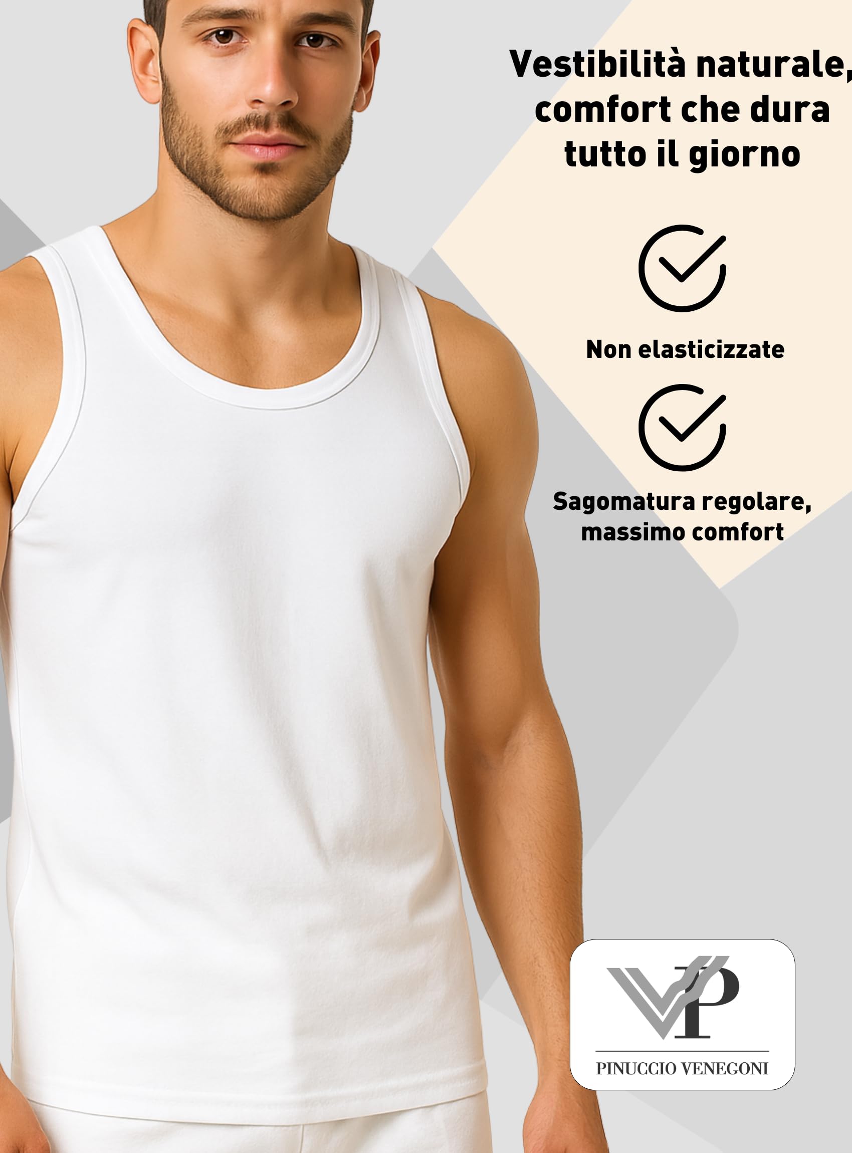 VP PINUCCIO VENEGONI - Lot de 3 débardeurs homme coton 100 % mercerisé, large épaule, blancs, sous-vêtements pour hommes respirants, fabriqués en Italie