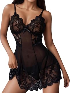 Sexy Lingerie for Women Sets with Tong Womens Lace Babydoll Lingerie See Through Nightdress Nightwear
