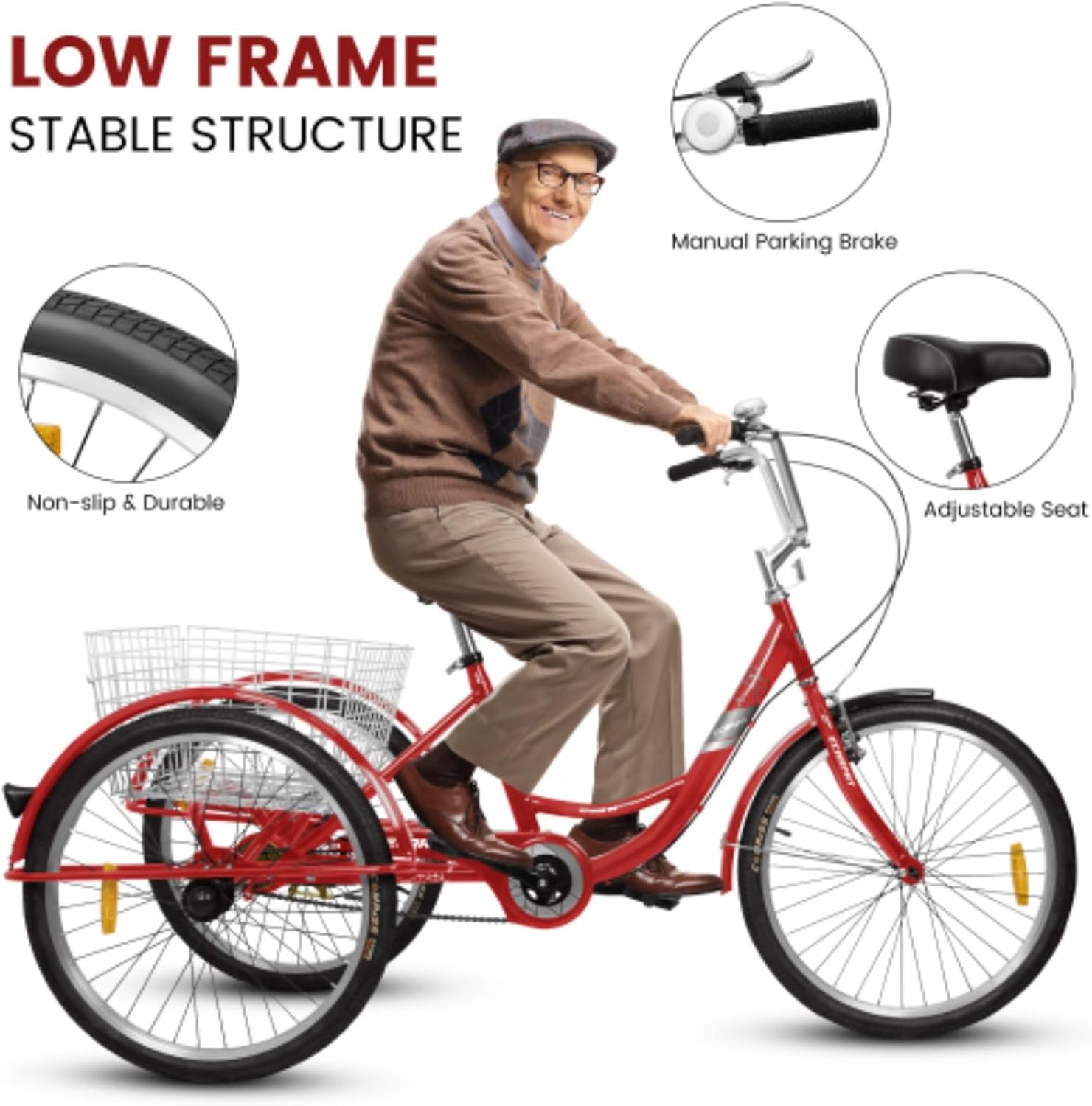 Tricycle, Adult Tricycle, 24" Tricycle with Shopping Basket, 350 Lb Capacity, Easy to Install, Suitable for Seniors, Women and Men
