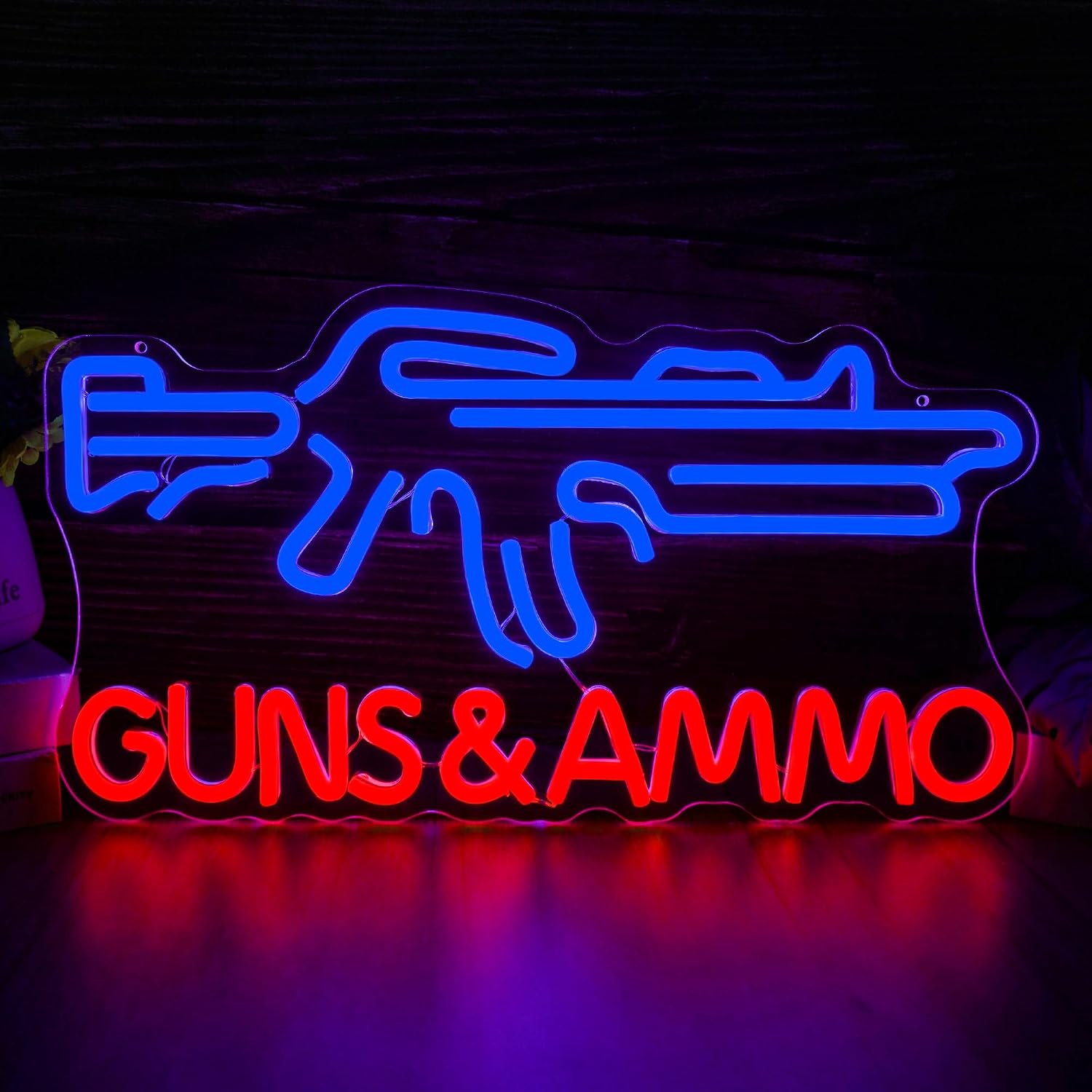 Gun Shop Neon Sign LED Light for Wall Decor Guns & Ammo Storfront Wall Display Gun Silhouette Lamp for Man Cave Bar Store Hunting Room Bar Wall Art（16.6 * 9.1inch）