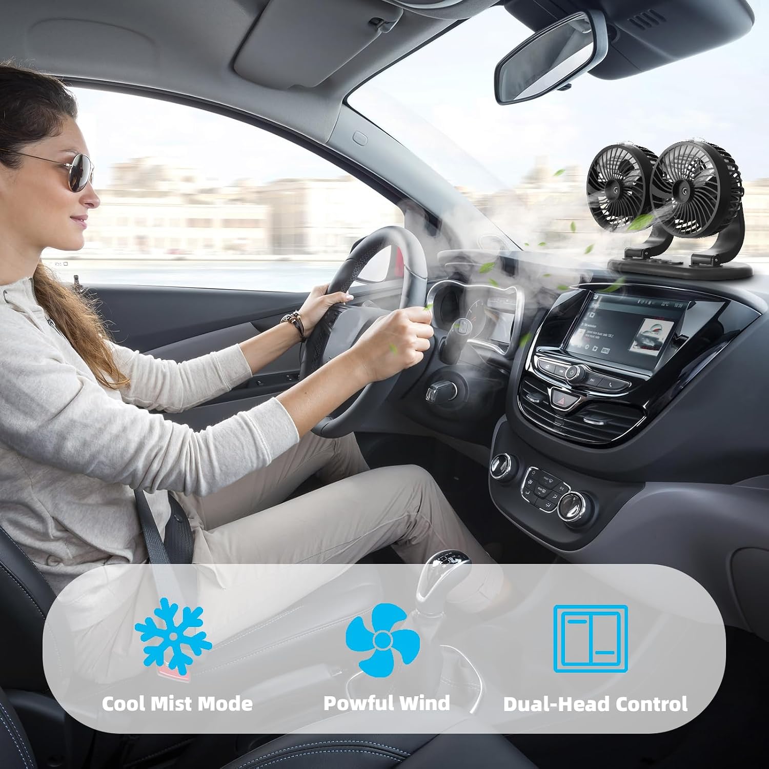 XKV 4" Misting Fan Portable Auto Cooling Fan Dual Head Rotatable USB Vehicle Fans Strong Wind Electric Air Circulation Fans for Car Dashboard Truck SUV Sedan RV Van Boat Golf Cart,5V1A,Max RPM 4000