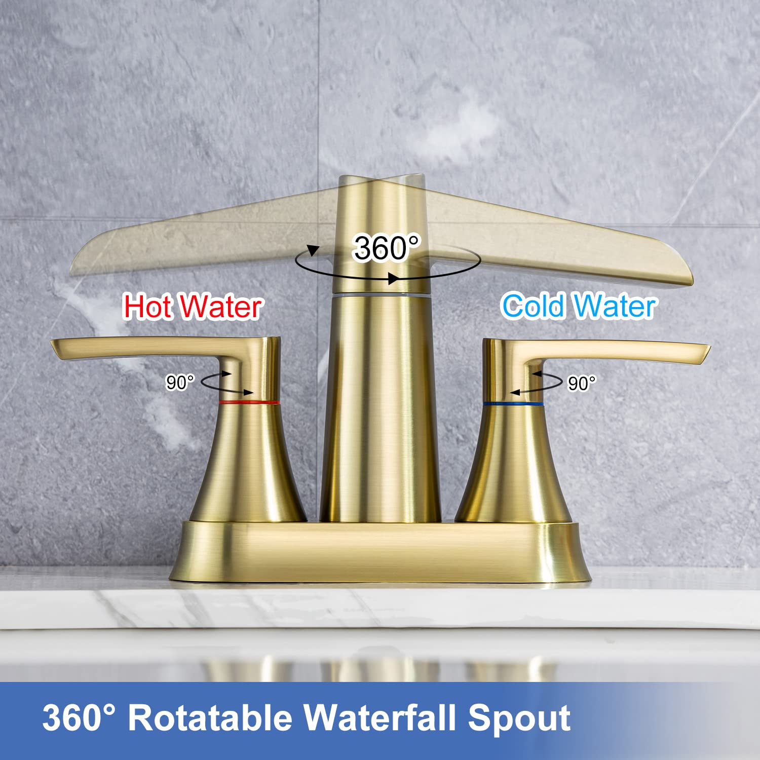 Wasserfall Waschbeckenarmatur Gebürstetes Gold – 2 Griffe, Mit Überlauf & Pop-Up Ablauf, Modernes Design