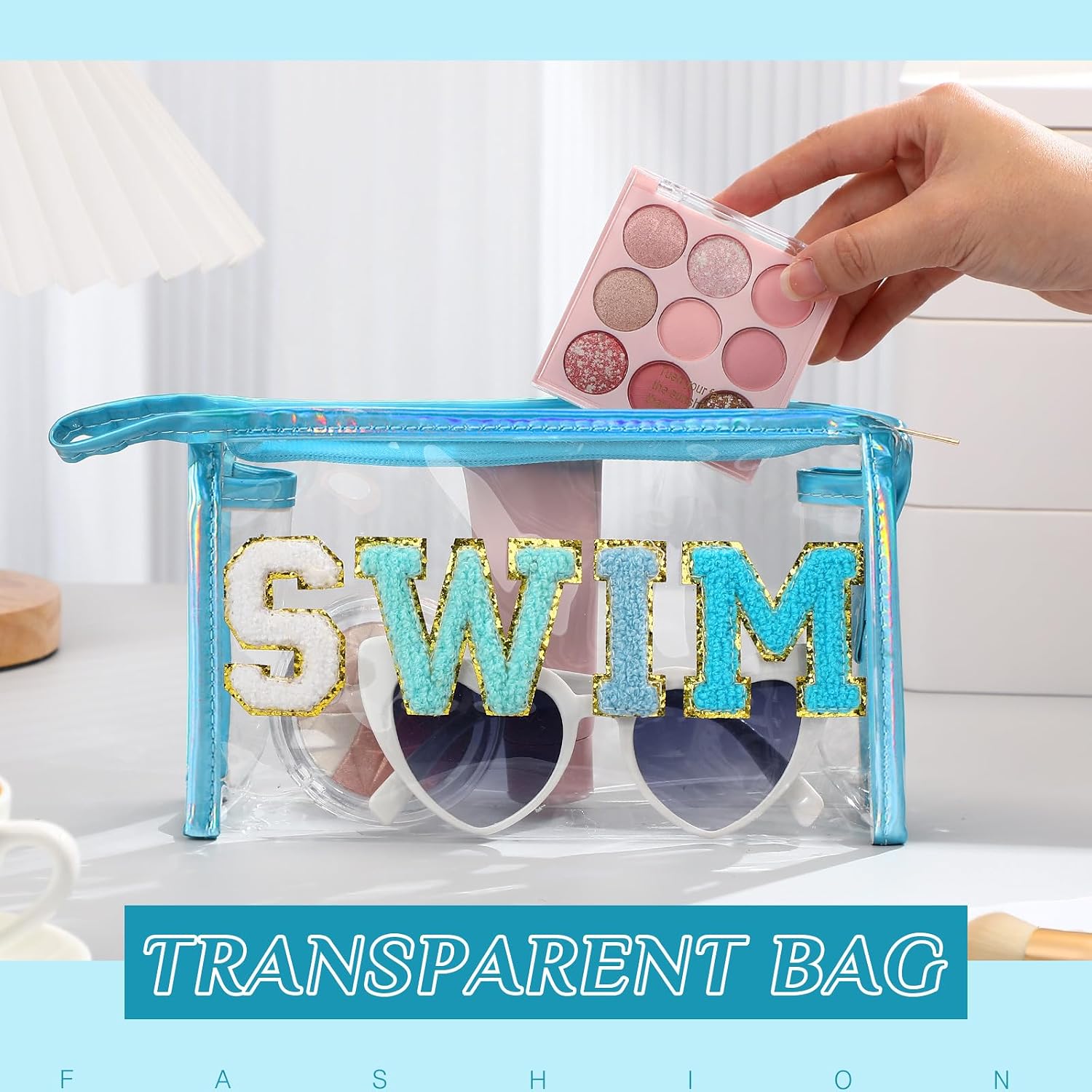 Hillban Sunscreen Bag, Clear Sun Makeup Bag with Zipper, Preppy Cosmetic Travel Toiletry Pouch Organizer with Patch for Women, Gifts for Summer Pool Beach Spf Party Vacation Essentials(Blue,Swim)