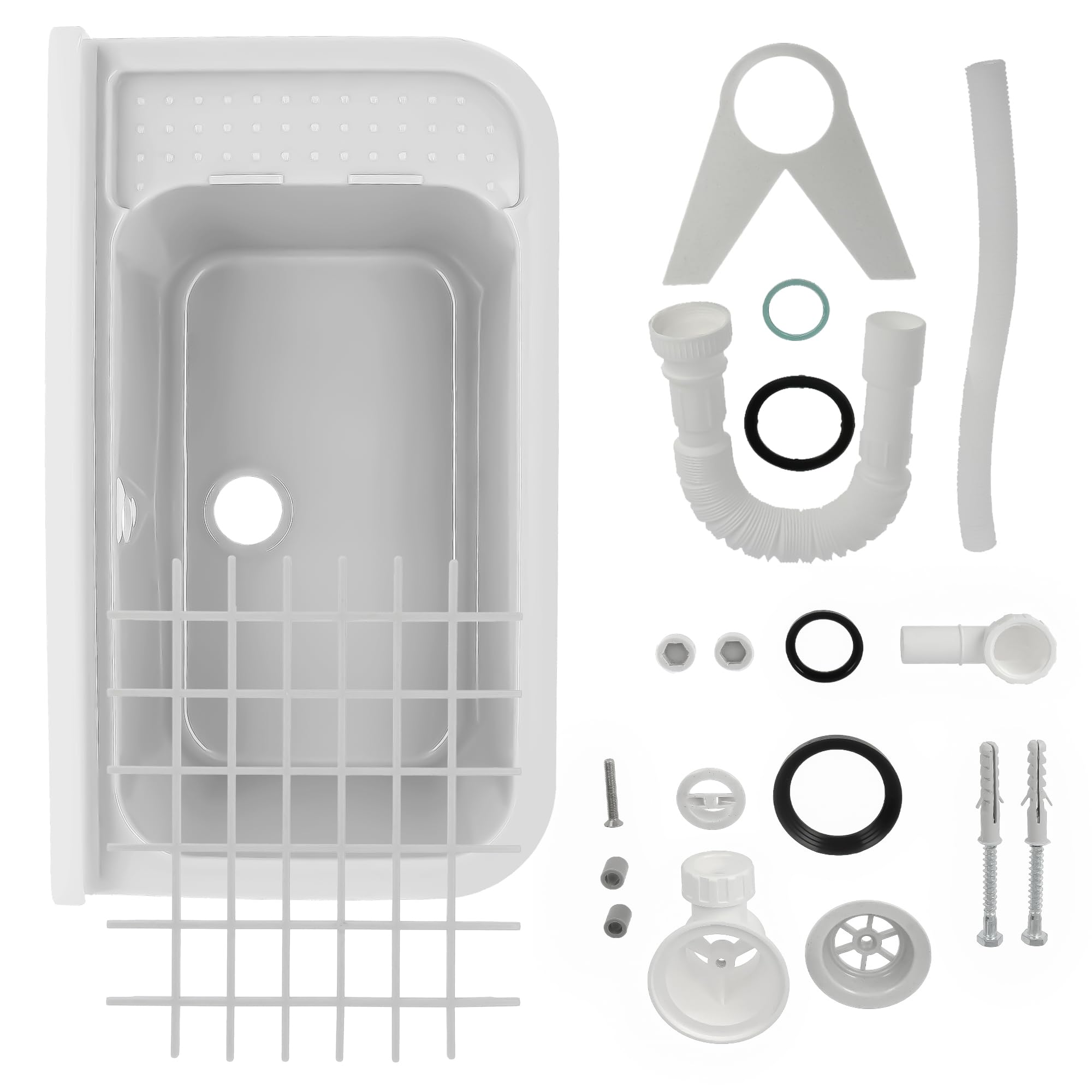 Évier Commercial a Chambre Industriel 50 x 34 x 21 cm Blanc avec étagère Grille 36 x 30 cm Profond Extérieur Lave-Mains Jardin Garage Buanderie Salle de Bains Usine Monochambre