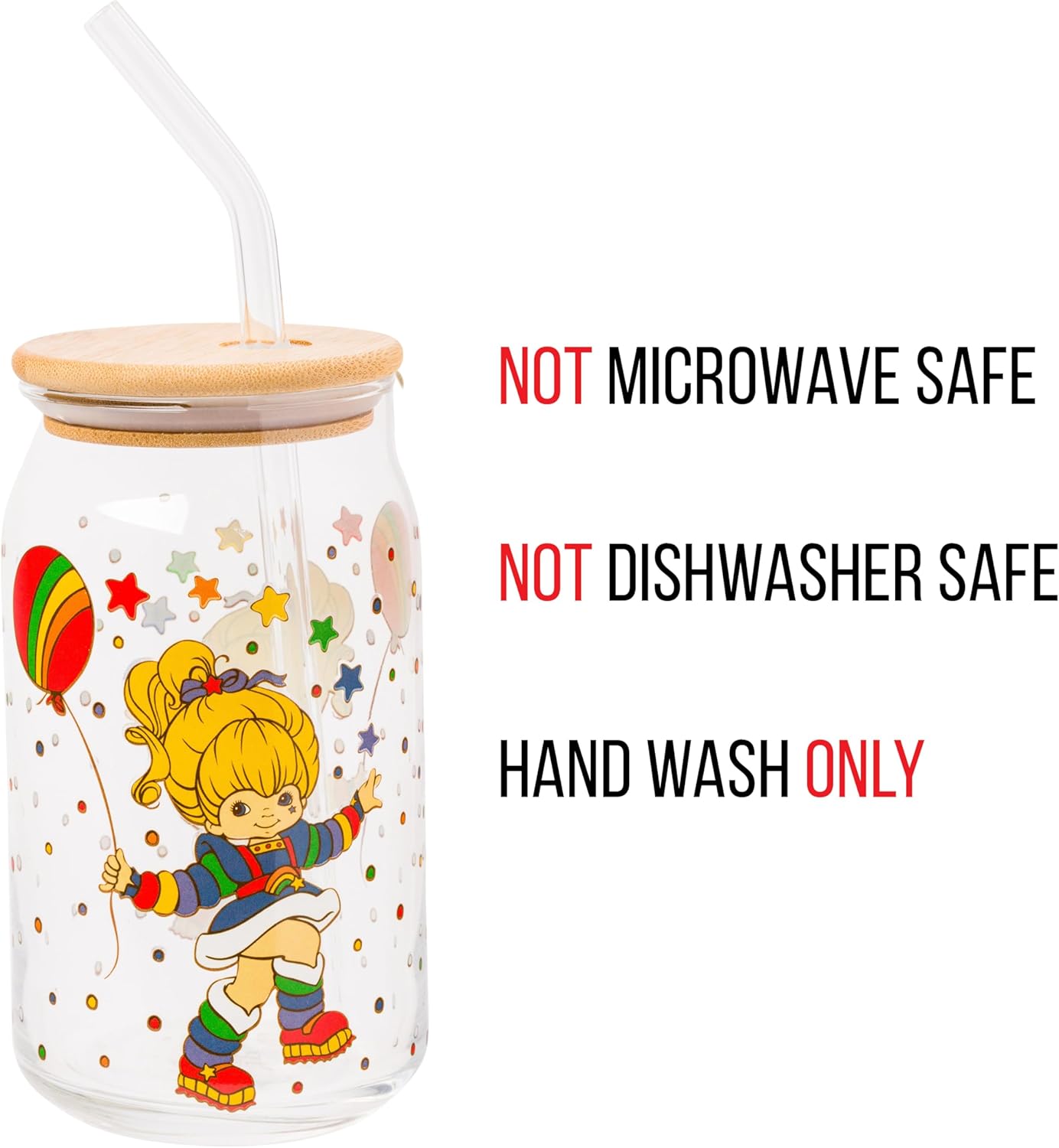 Silver Buffalo Rainbow Brite Balloon Glass Tumbler with Bamboo Lid and Glass Straw, 16 Ounces - Image 3