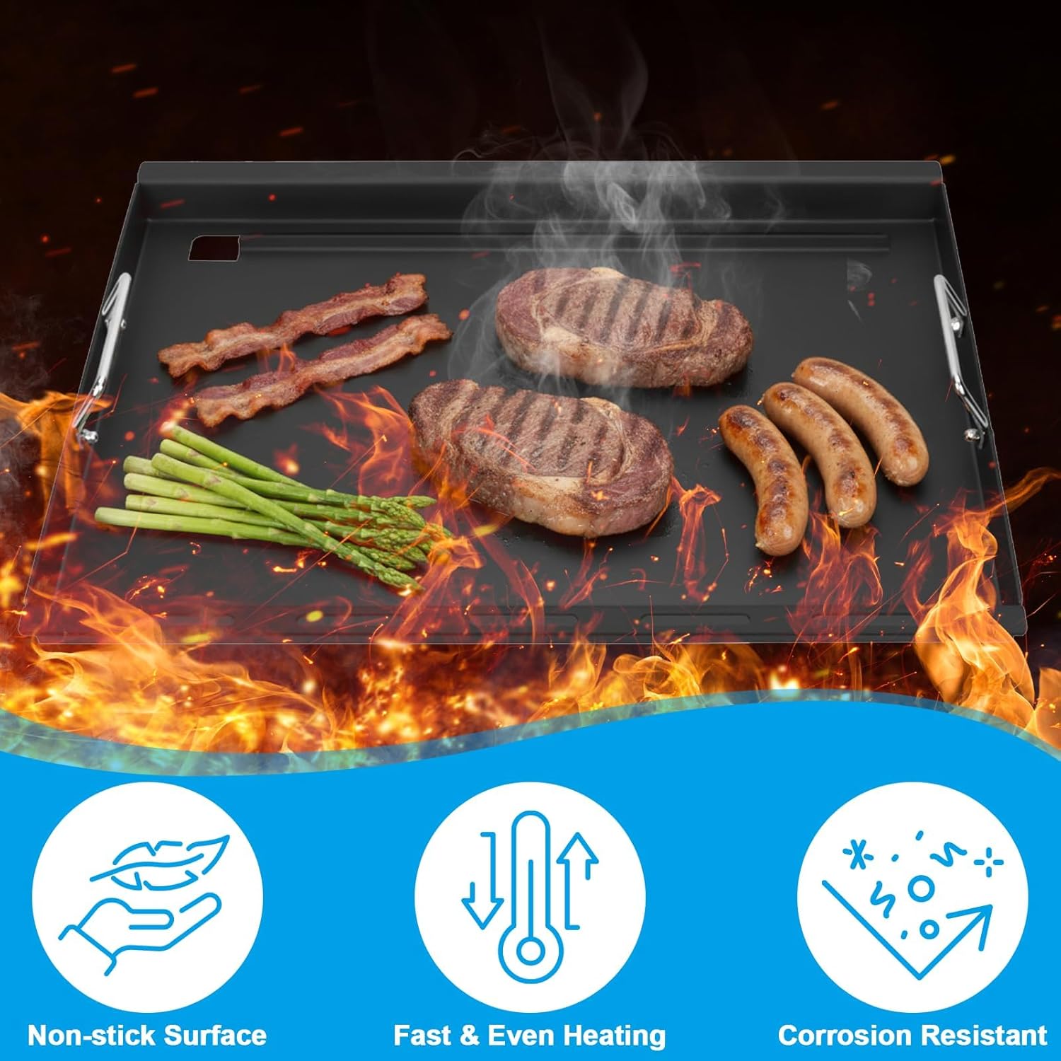 Nonstick Full-Size Griddle Inserts for Nexgrill Home Depot 4 Burner & 5 Burner 720-0830H 720-0830X 720-0888 720-0888N, Carbon Steel Flat Top Griddle Replacement with Silicone Handles for Nexgrill Part