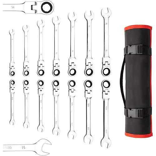Flexible Ratchet Wrench Set - 14pcs 8-16mm & 5/16"-11/16" Ratcheting Combination Flexi Wrench Kit Metric Flex Head with Storage Bag