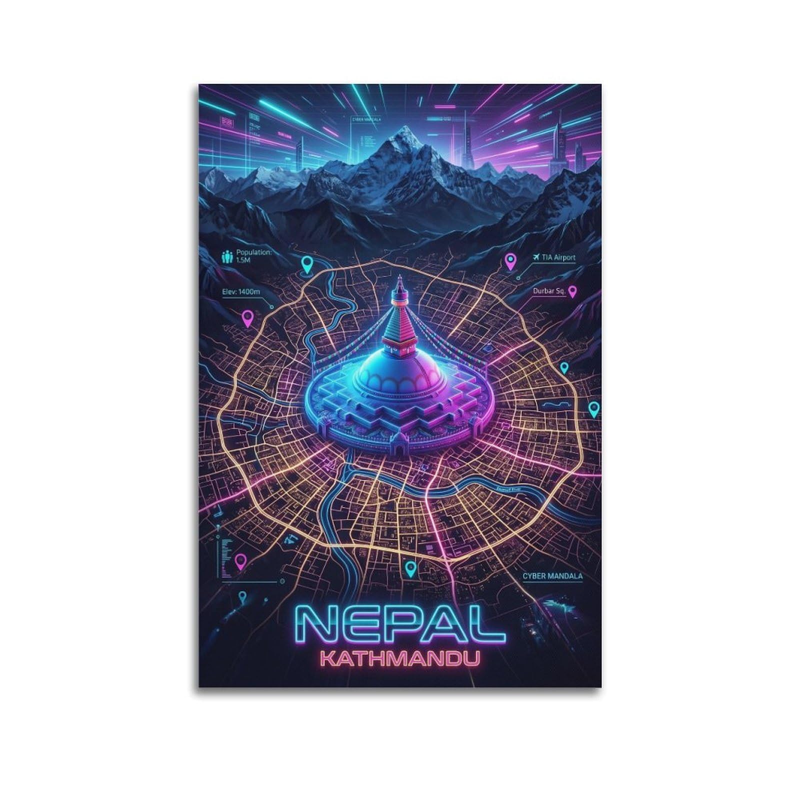 XKUGA Nepal Kathmandu 80s Neon Map Gamer Room Poster Modern Decorative Canvas Prints - Ideal Wall Art for Family, Man Cave, Game Room, Boys & Girls Bedroom 20x30inch(50x75cm)