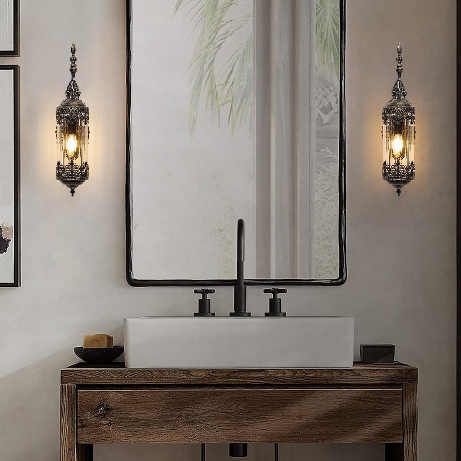 Vintage Wall Sconce with Glass Shade, Rustic Black Brushed Gold Farmhouse Wall Light Fixture, Antique Gothic Decorative Metal Wall Lamp for Hallway, Bedroom, Living Room, Entryway