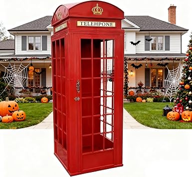 British Vintage Telephone Booth Cast Iron Replica, 1.8M-2.4M Antique-Style London Phone Box, Vintage Red Telephone Booth for Wedding Decor, Garden, Event | Without Acrylic Glass Red-2.2m