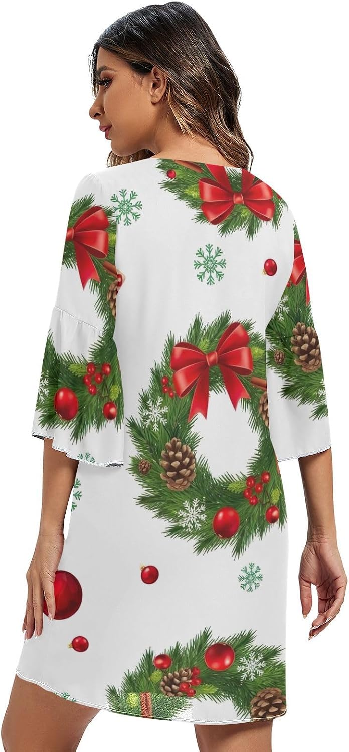 Green Christmas Wreaths Casual V Neck Dress Printed Line Maternity Dress