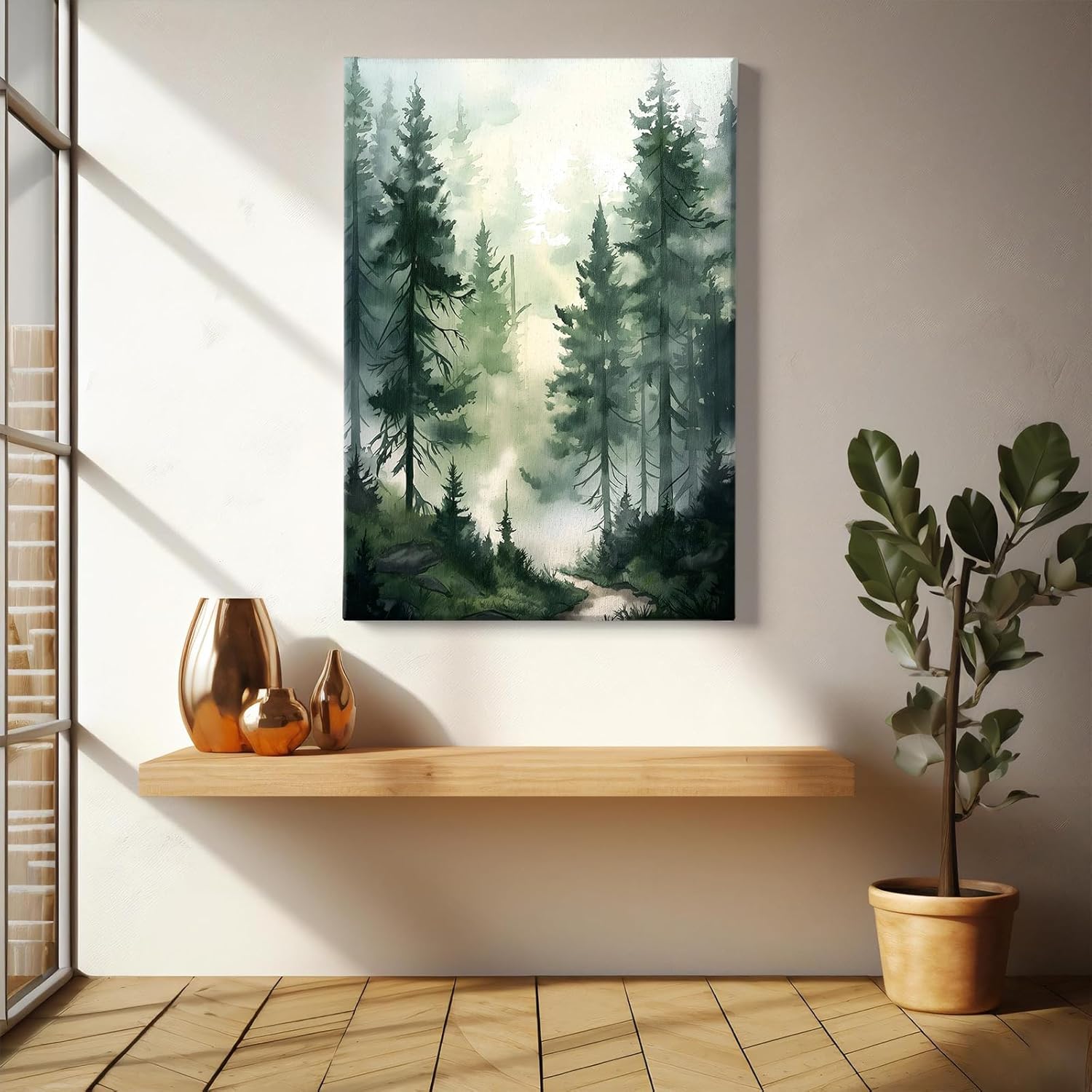 Foggy Forest Canvas Wall Art Pine Tree Painting Nature Landscape Poster Green Forest Landscape Picture Watercolor Nature Wall Art Foggy Misty Pine Artwork Watercolor Tree Print 16x24inch Framed