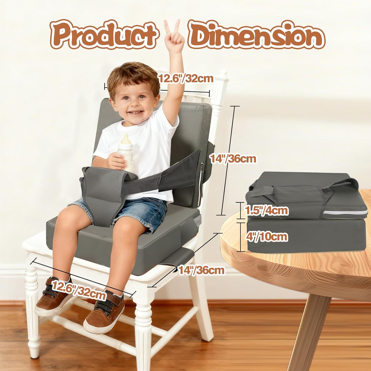 Toddler Booster Seat for Kitchen Chair - Portable PU Waterproof Dining Table Booster Cushion with Backrest and Adjustable Straps, Safe Toddler Seat for Table Eating (Fits Most Chairs)