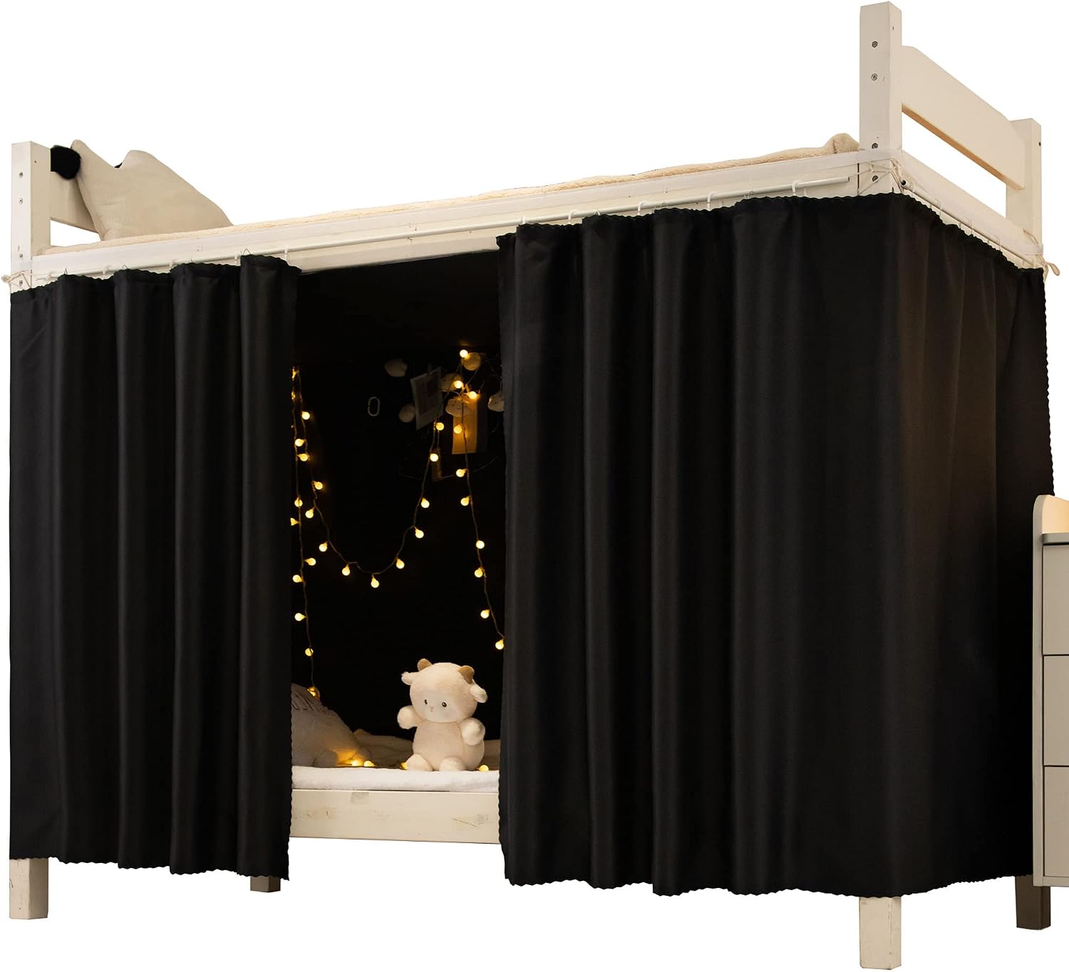 2 Panels Blackout Bunk Bed Curtains Privacy Cloth Breathable Heavy Duty for Twin Bottom, Black