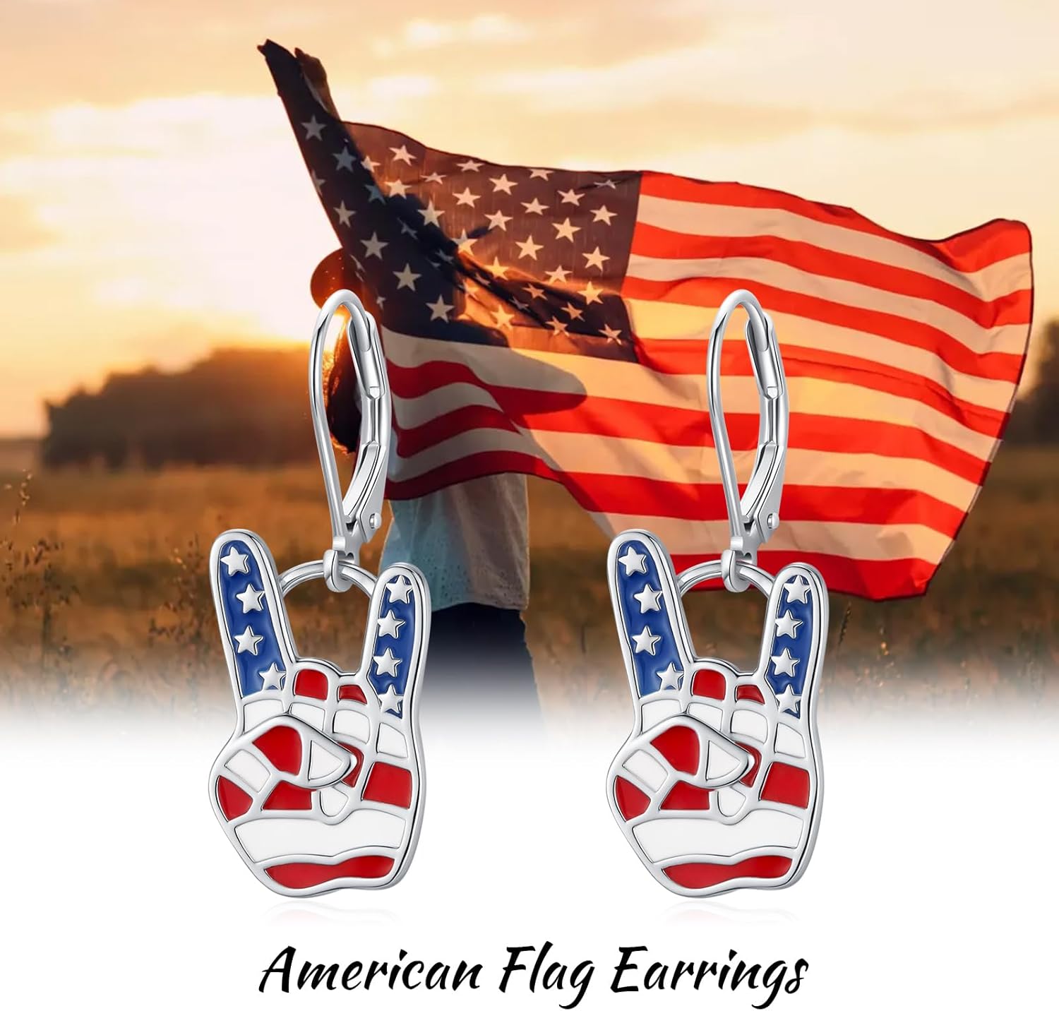 JUSTKIDSTOY American Flag Earrings for Women 925 Sterling Silver Cross/Star/Heart/Rock and Roll Leverback Earrings Dangle Hoop Earring Patriotic Jewelry 4th of July Gifts