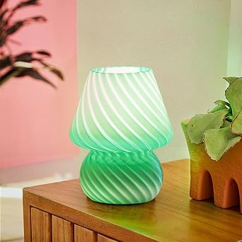 ONEWISH Mushroom Lamp - Small Table Lamp with Striped Glass, Nightstand Lamp for Bedroom, Living Room, Cafe, Office, Bulb Included, for Girls Women Birthday Christmas Thanksgiving, Sage Green