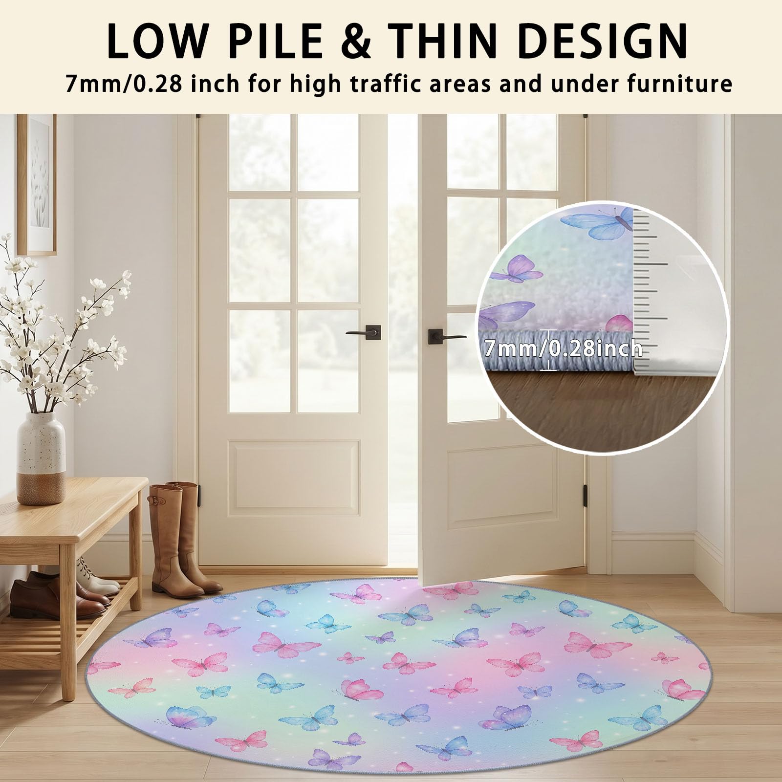 Générique Tapis Rond 120 cm Lavable Machine, Moquette Antidérapante Poil Bas Style Insecte Arc-en-Ciel, Motif Papillon Ombré Arc-en-Ciel Moderne Doux pour Chambre De Fille, Multicolore