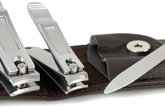 Nail Clippers by Zizzili Basics - 3 Piece Nail Clipper Set - Stainless Steel Fingernail & Toenail Clippers with Nail File and Brown Travel Case - Best Nail Care for Men, Women, Manicure & Pedicure