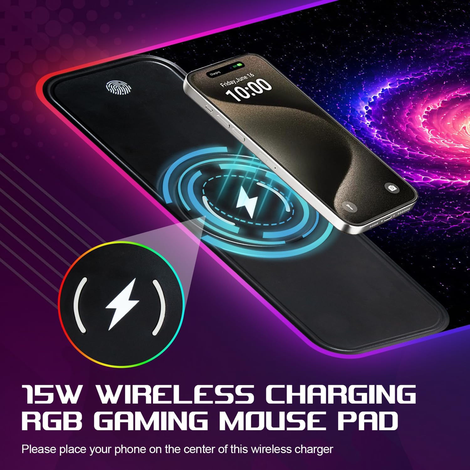 Tappetino per mouse con supporto per telefono, 80 x 30 cm, wireless, Qi a ricarica rapida, tappetino per mouse RGB da gioco per casa e ufficio, grande tappetino da scrivania con superficie ultra