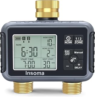 Insoma Brass Hose Timer: 2-Zone Outdoor Sprinkler Controller with Auto/Manual/Rain Delay for Garden Lawn Irrigation