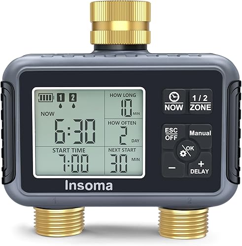 Insoma Temporizador de agua con entrada y salida de latón, 2 zonas independientes, temporizador de manguera al aire libre para grifo de jardín con