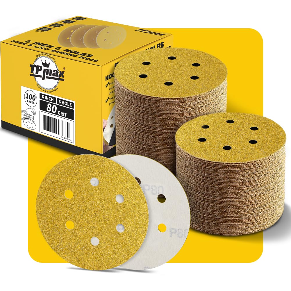 100PCS 6 Inch 220 Grit 150mm 6 Hole Sanding Discs Sandpaper - Premium Gold Round Hook and Loop for Random Orbital Sander - Ideal for Wood, Metal, Automotive