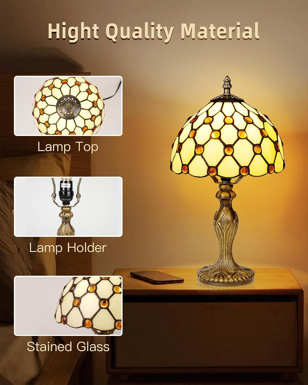 8" Tiffany Style Table Lamp, Yellow Beads Small Stained Glass Night Lamp, Handmade Desk Bedside Antique Light for Living Room, Bedroom and Study, Ideal Art Gift for Family & Friends