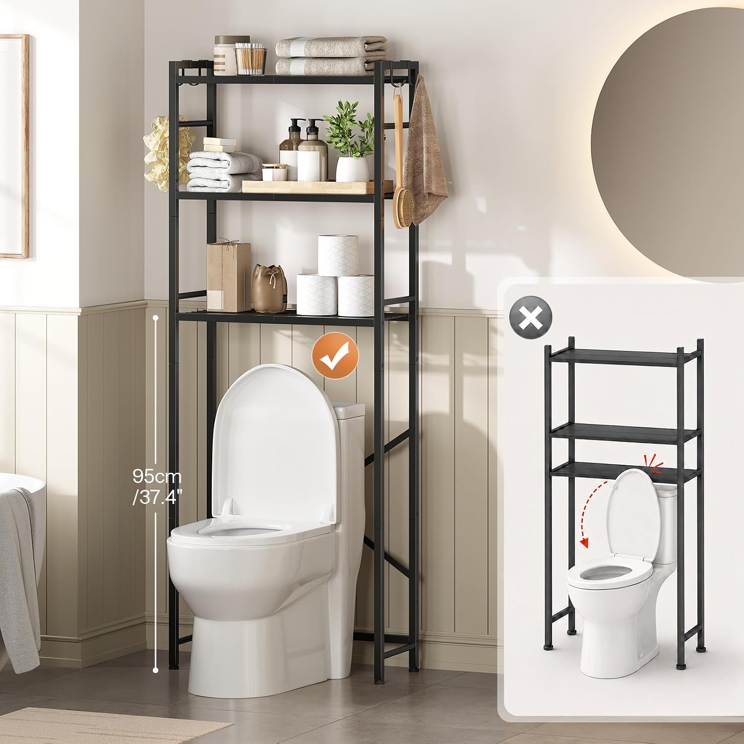 HOOBRO Over The Toilet Storage Rack Cabinet, 3-Tier Bathroom Organizer|Over the Toilet Storage with Adjustable Shelf & S Hooks, Space-Saving Unit for Bathroom, Laundry Room, Black BK67TS01