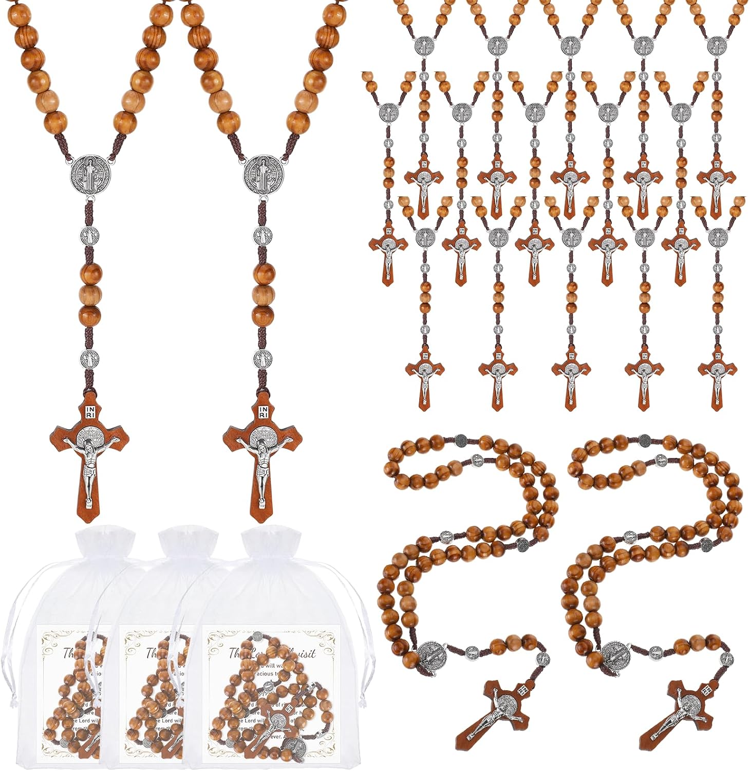 30 Set Wooden Rosary Necklace Bulk, Wood Catholic Rosaries Beads with Jesus Holy Cross Wood Carved Rosary with Cardsfor Religious Catolicos Baptism Church First Communion Christian Gifts
