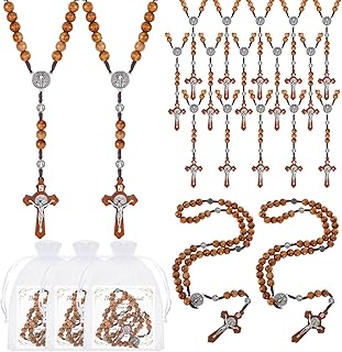 Gweichunon 30 Set Wooden Rosary Necklace Bulk, Wood Catholic Rosaries Beads with Jesus Holy Cross Wood Carved Rosary with Cardsfor Religious Catolicos Baptism Church First Communion Christian Gifts