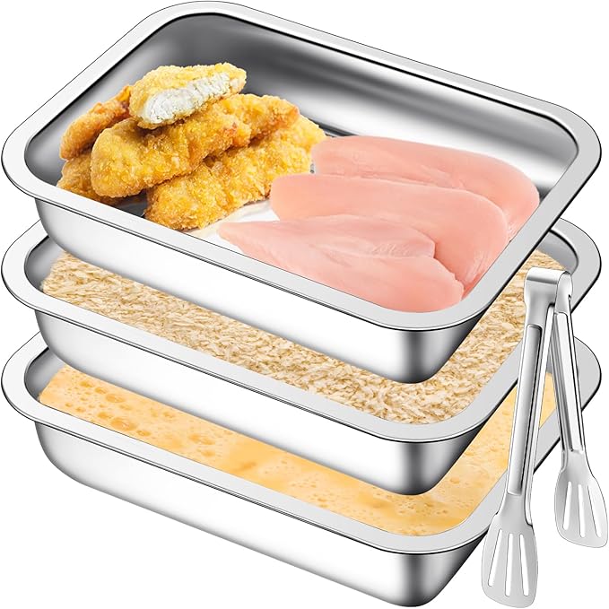 Mumufy Breading Trays Set of 3 Large Stainless Steel Breading Pans with Tong for Dredging Chicken Breasts and Marinating Meat, Food Prep Trays for Breadcrum Dishes (10.63 x 7.87 x 2.75 Inches)