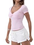 Women's Ribbed Short Sleeve Going Out Top Twist Front Sweetheart V Neckline Shirts Built-in Bra Slim Fit Tops Tee