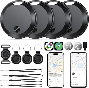 Tags Smart Tracker pack 4 pour Android et iOS, Tags Bluetooth compatible avec Apple Find My (iOS) et Google Find Hub (Android), Objet Finder pour clés, portefeuille, bagages, batterie remplaçable