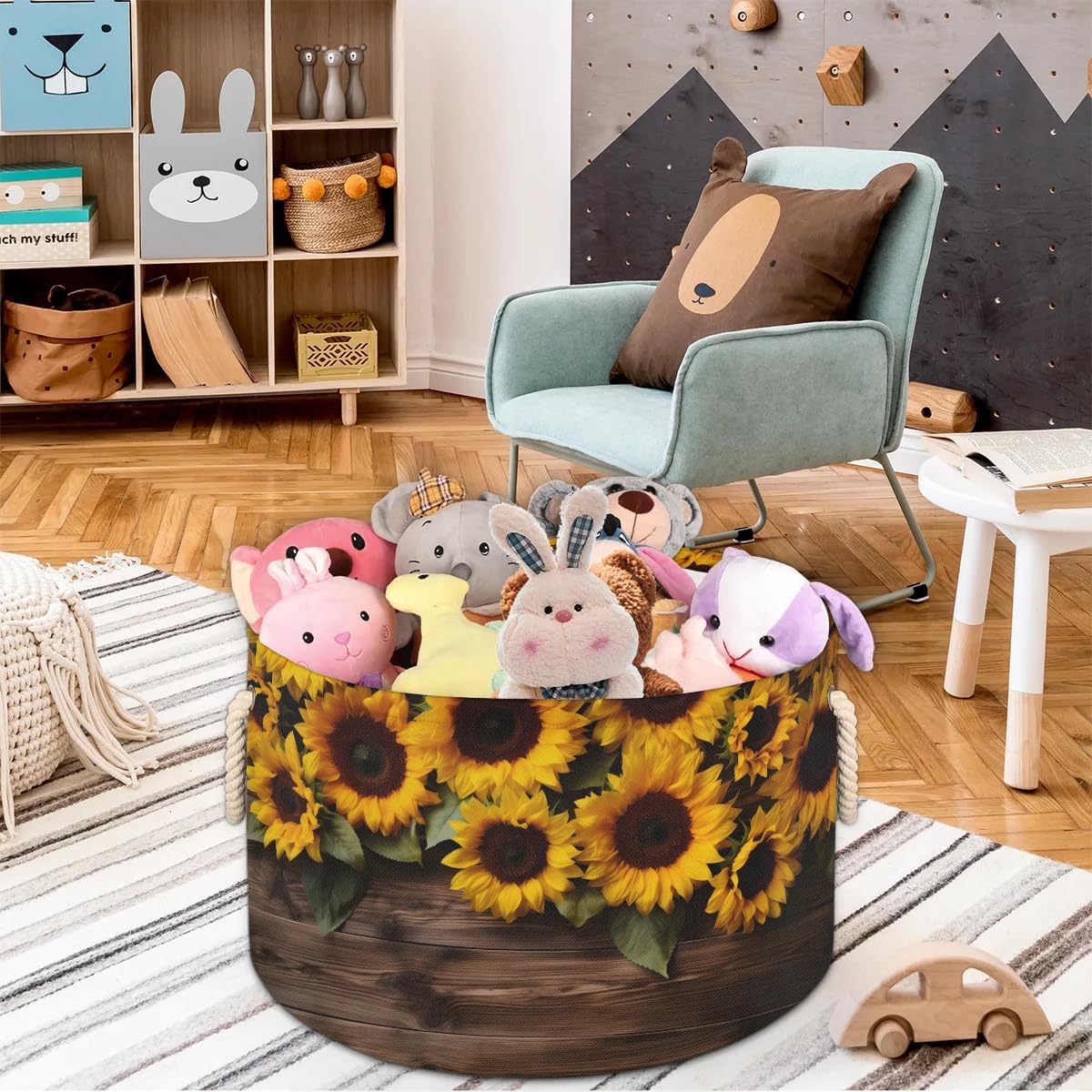 Sunflower Wooden Storage Basket Collapsible Storage Bins with Handle Organizer Clothes Laundry Basket Kids Blanket Baby Nursery Gift Basket for Boys Girls Room Decor