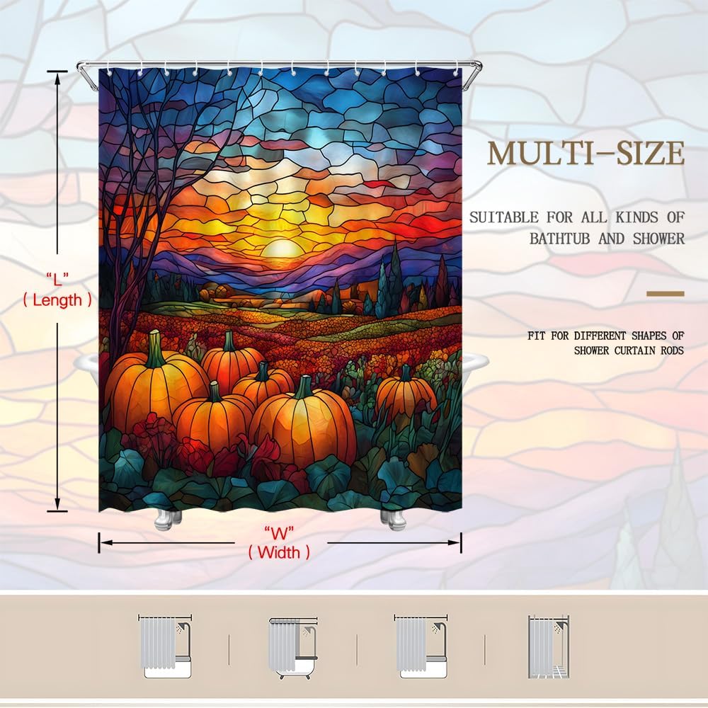Fall Pumpkin Shower Curtain Stained Glass Pumpkins Green Leaves Autumn Forest Mountain Vintage Art Abstract Sunset Landscape Bathroom Decor Set Fabric with Hooks