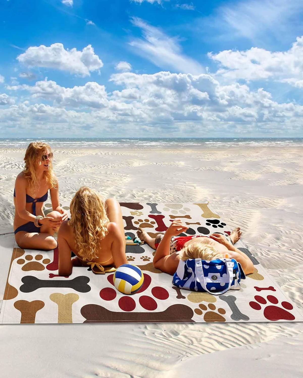 4th of July Independence Day Red Blue Stars Border Beach Blanket Waterproof Outdoor Picnic Mat 95"x80" Retro Linen Lightweight Large Beaach Blankets with 4 Stake & 4 Corner Pockets