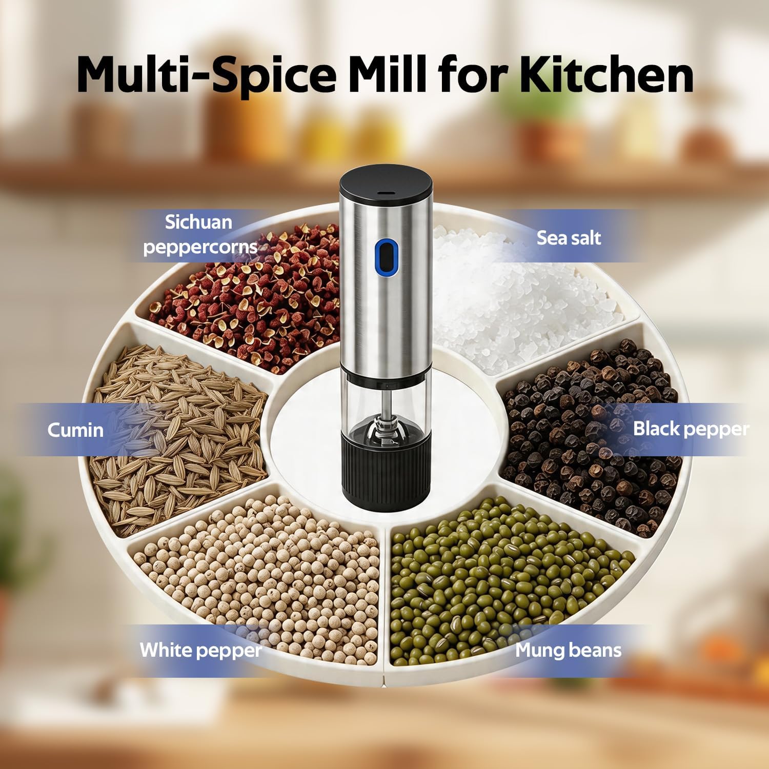 Electric Stainless Steel Pepper Grinder, Rechargeable Automatic Salt and Pepper Shakers with 5 Adjustable Coarseness, 80ml Container and LED Light, Silver